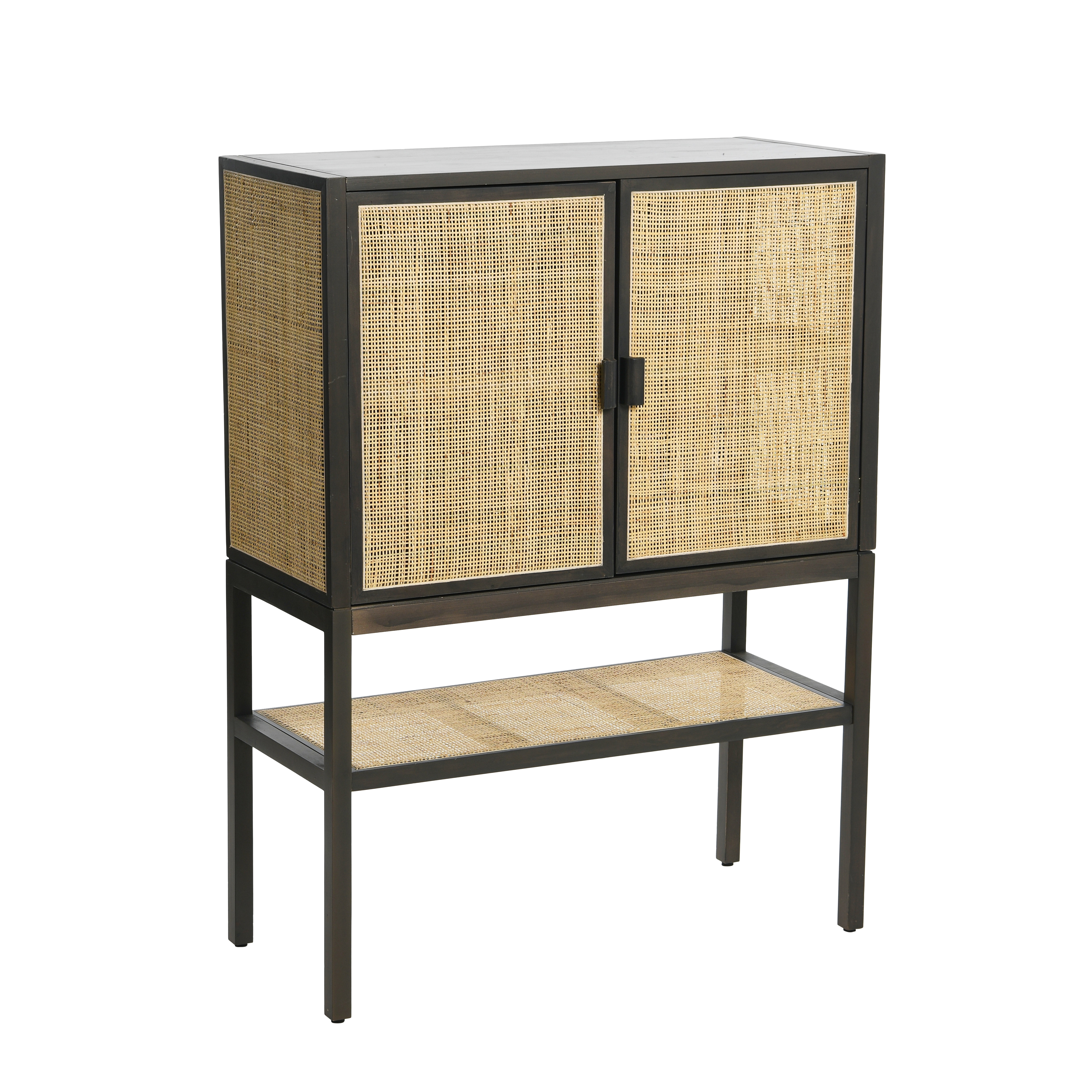 Boho Woven Rattan and Wood Cabinet with 2 Doors, 1 Shelf, and 4 Interior Storage Compartments, Grey and Natural - Image 0