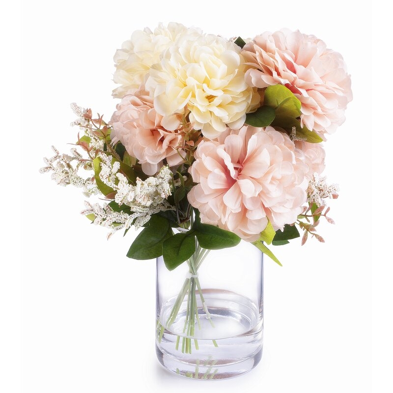 Dahlia Floral Arrangements in Vase, Cream & Pink - Image 1