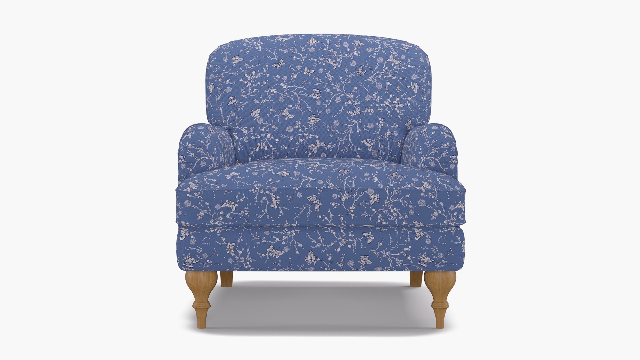 English Roll Arm Chair, Blue Mariposa, Natural Turned Wood Leg - Image 0