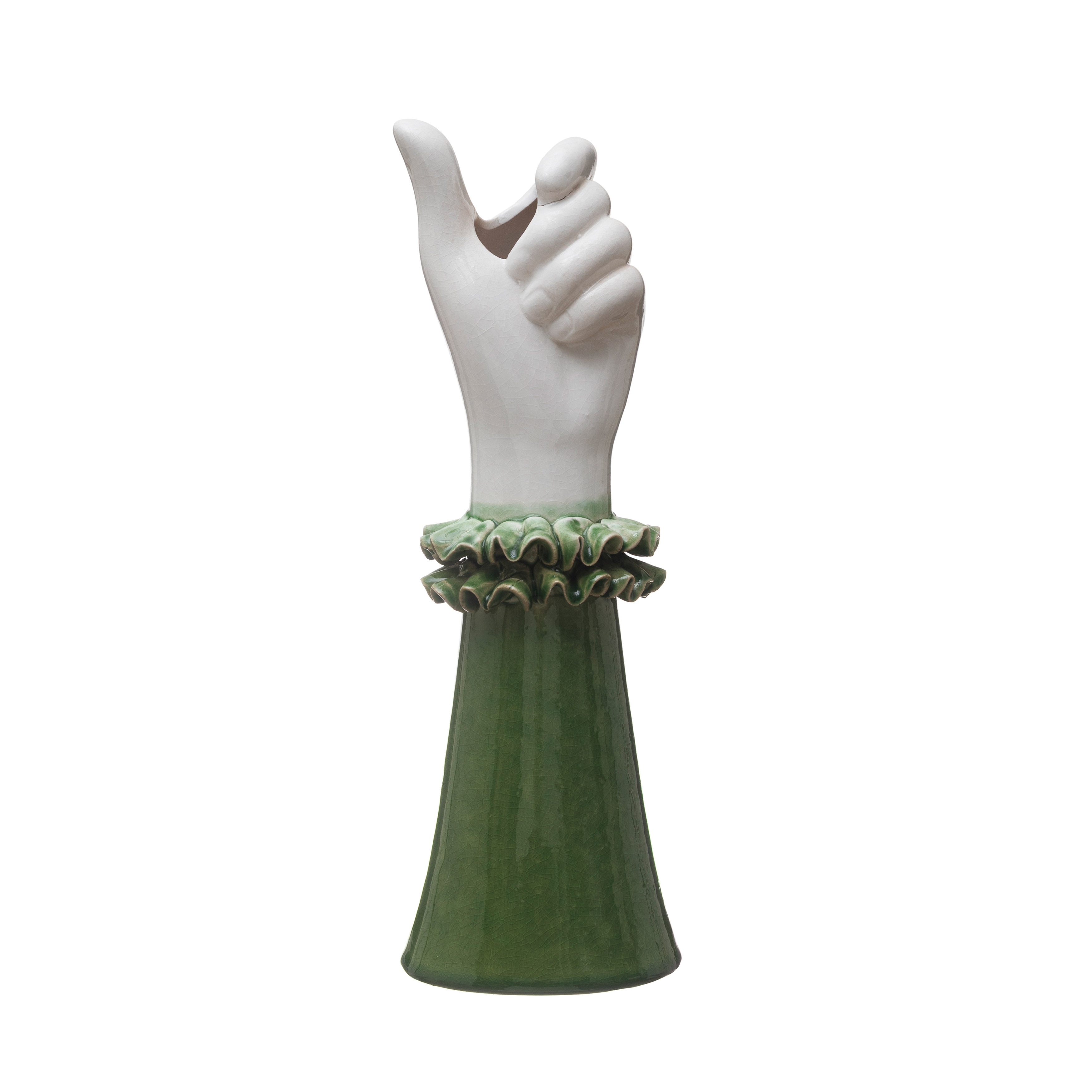 Stoneware Hand Vase with Ruffled Shirt Sleeve, Green and White - Image 0