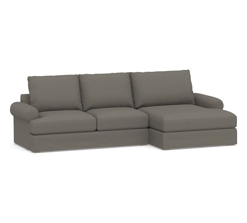 Canyon Roll Arm Slipcovered Left Arm Loveseat with Double Chaise Sectional, Down Blend Wrapped Cushions, Chunky Basketweave Metal - Image 0