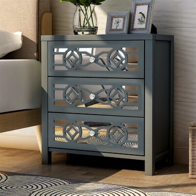 Solid Wood Geometric Pattern 3 Drawer Mirrored Chest - Image 0
