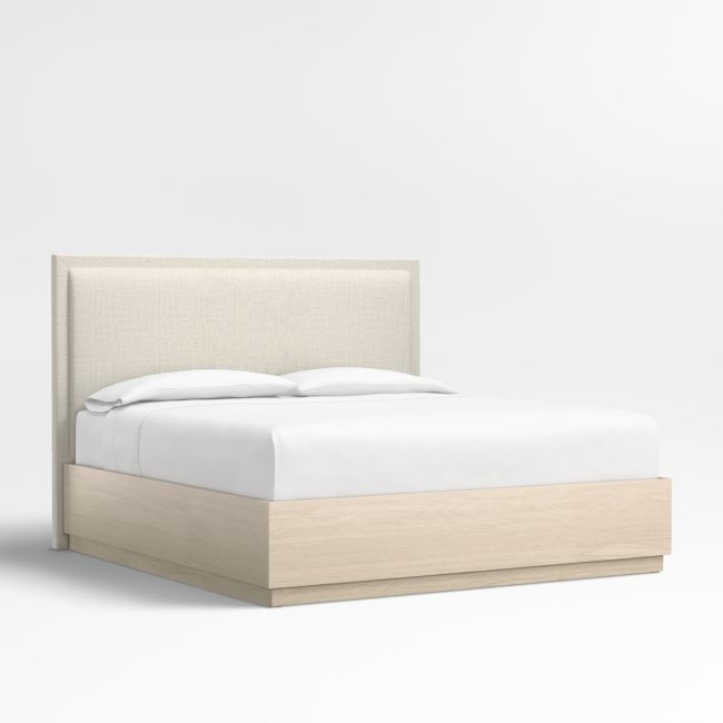 Meraux 56" Natural Beige Upholstered King Headboard with Batten White Oak Storage Bed Base - Image 0