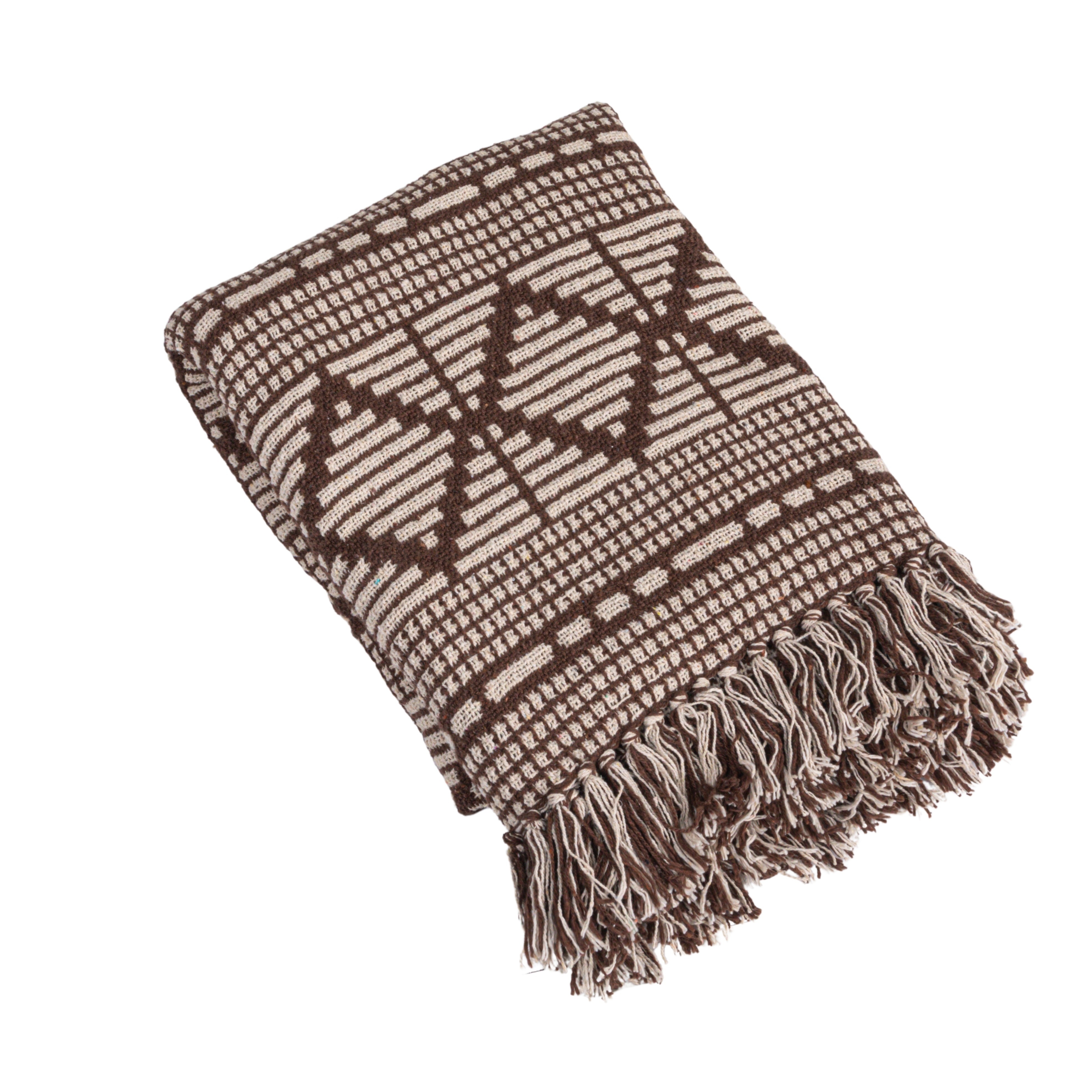 Soft Recycled Cotton Blend Throw with Diamond Pattern, Brown and Beige - Image 0
