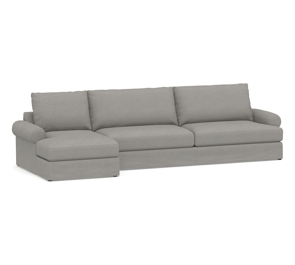 Canyon Roll Arm Slipcovered Right Arm Sofa with Chaise Sectional, Down Blend Wrapped Cushions, Performance Heathered Basketweave Platinum - Image 0