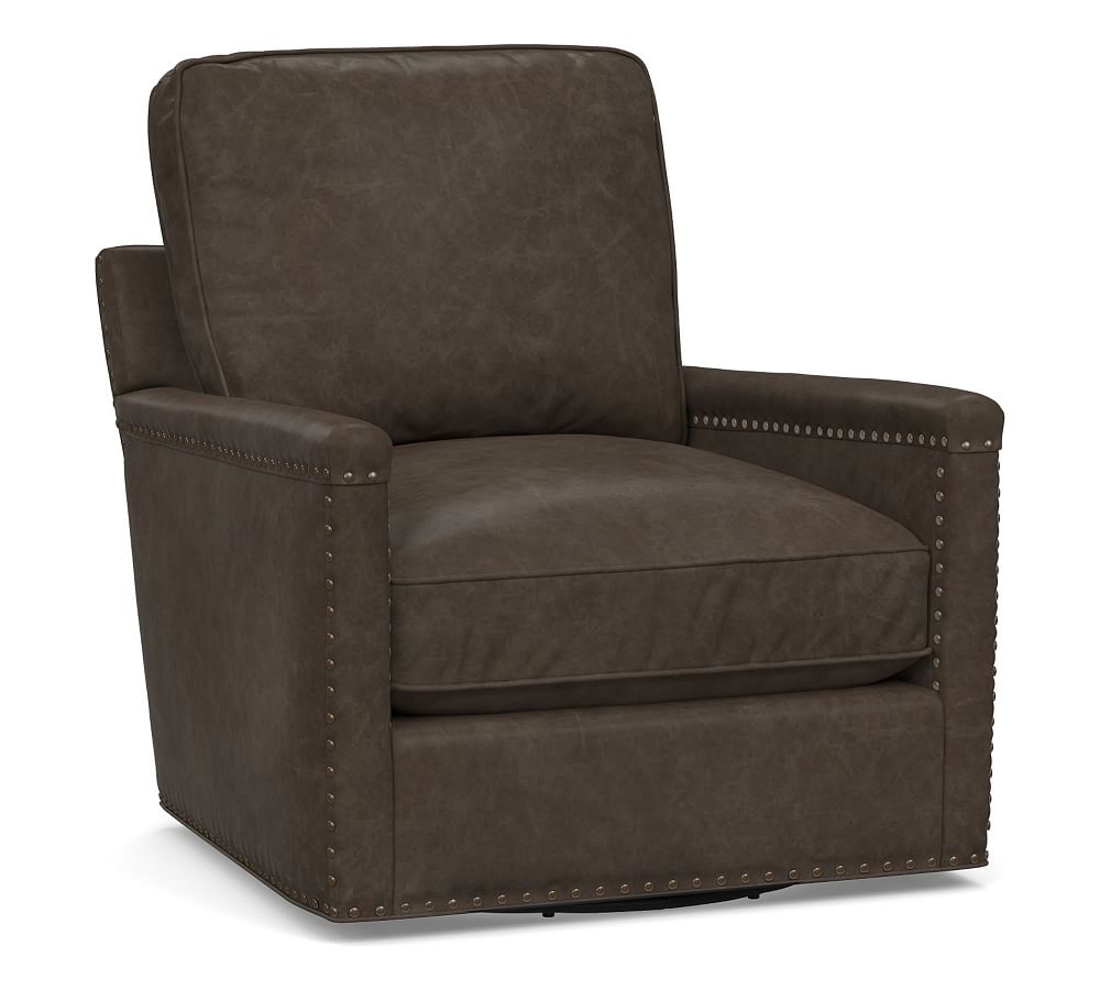 Tyler Square Arm Leather Swivel Armchair with Nailheads, Down Blend Wrapped Cushions, Statesville Wolf Gray - Image 0