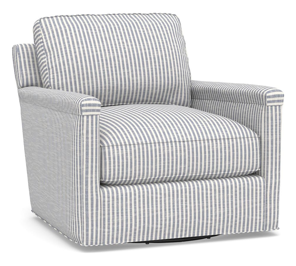 Tyler Square Arm Upholstered Swivel Armchair, Down Blend Wrapped Cushions, Classic Stripe Blue - Image 0