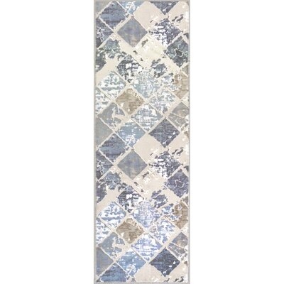 One-of-a-Kind Elysian Hand-Knotted Beige/Navy/Blue 1'8" x 4'11" Runner Polyester Area Rug - Image 0