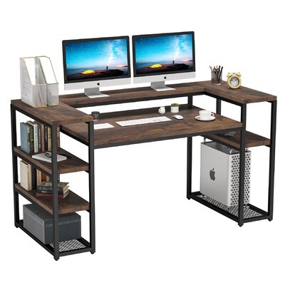 Modern Heavy Duty Ergonomic Large 63 Inch Computer Desk With Under-Top Open Storage Shelves, Large Office Desk With Monitor Stand Riser Hutch Shelf & CPU Stand, Study Writing Table Gaming PC Laptop Studio Workstation With Printer Stand For Home Office, Ru - Image 0