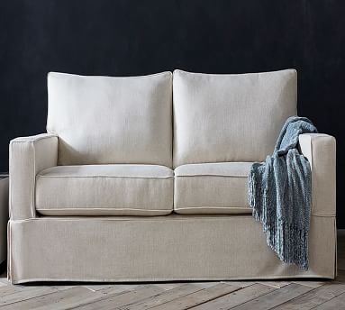 PB Comfort Square Arm Slipcovered Loveseat 61", Down Blend Wrapped Cushions, Performance Heathered Basketweave Alabaster White - Image 5