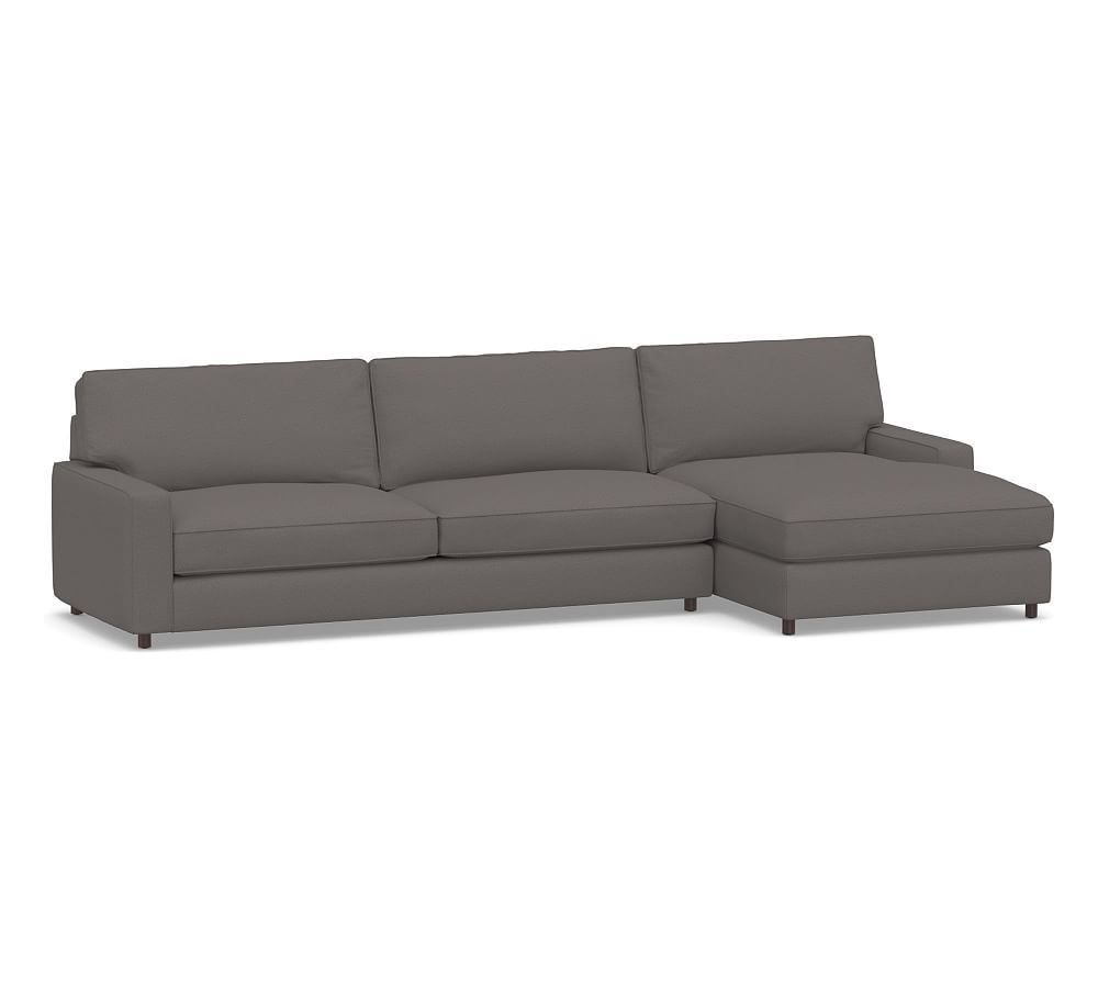 PB Comfort Square Arm Upholstered Left Arm Sofa with Double Wide Chaise Sectional, Box Edge, Memory Foam Cushions, Sunbrella(R) Performance Slub Tweed Charcoal - Image 0