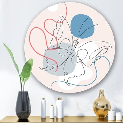 Butterfly One Line Drawing On Cubism Shapes I - Modern Metal Circle Wall Art - Image 0