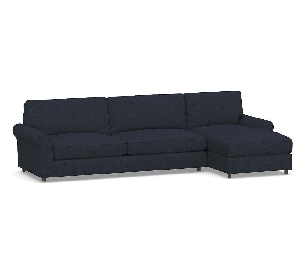 PB Comfort Roll Arm Upholstered Left Arm Sofa with Chaise Sectional, Box Edge Memory Foam Cushions, Performance Brushed Basketweave Indigo - Image 0