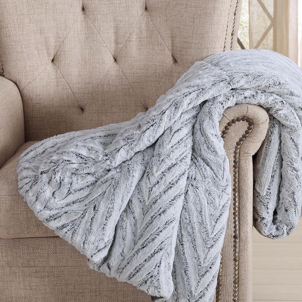 60 in. x 70 in. Grey Chevron Luxury Faux Fur Filled Throw with Gift Box, Grey And White - Image 0