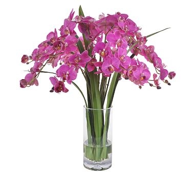 Faux Fuchsia Phalaenopsis Composed Arrangement, Glass Vase - 25'' - Image 0
