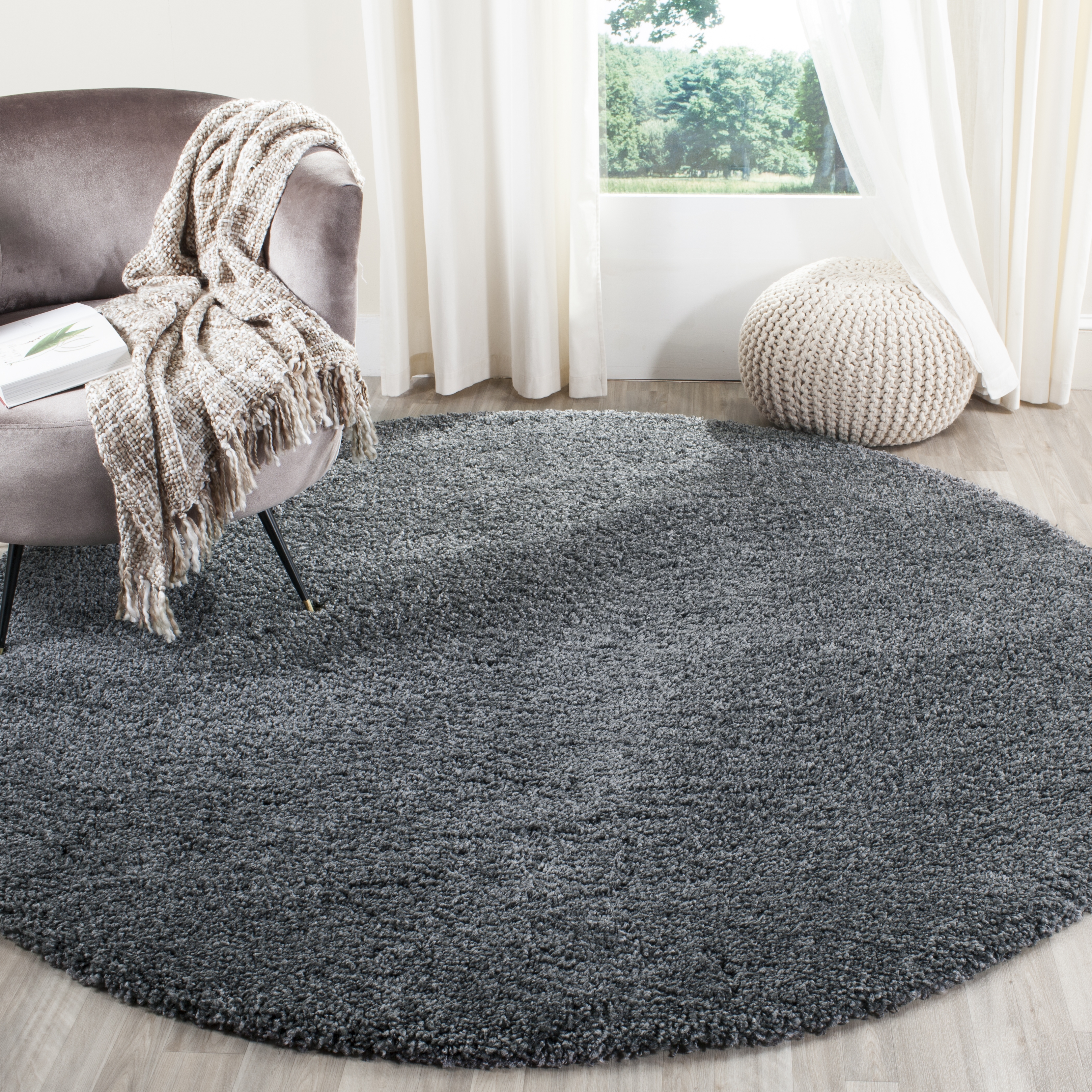 Arlo Home Woven Area Rug, SGN725-8484, Dark Grey,  6' 7" X 6' 7" Round - Image 1