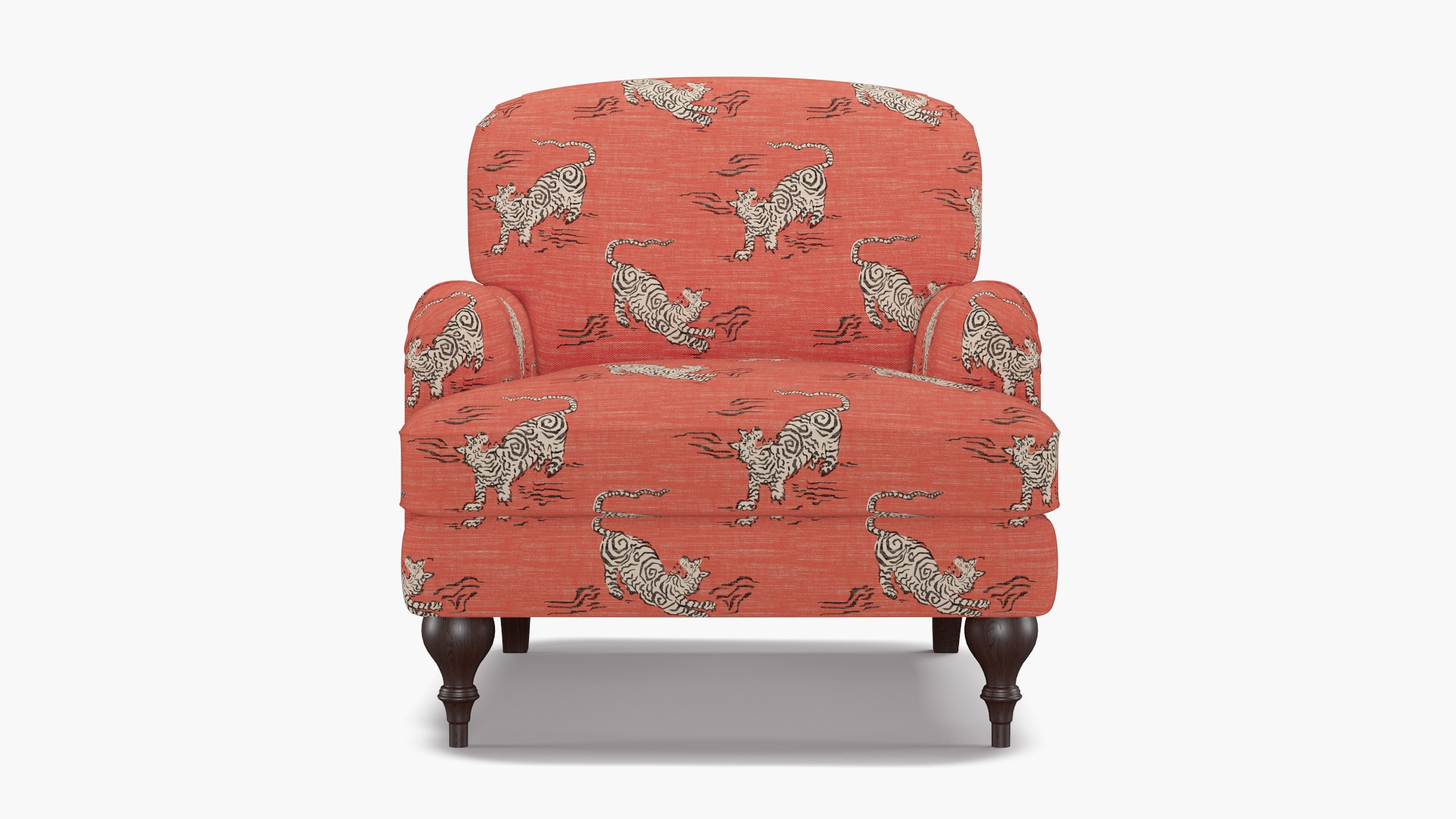 English Roll Arm Chair, Coral Tigresse, Espresso Turned Wood Leg - Image 0