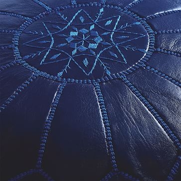 Leather Moroccan Pouf, 20"x14", Indigo - Image 3