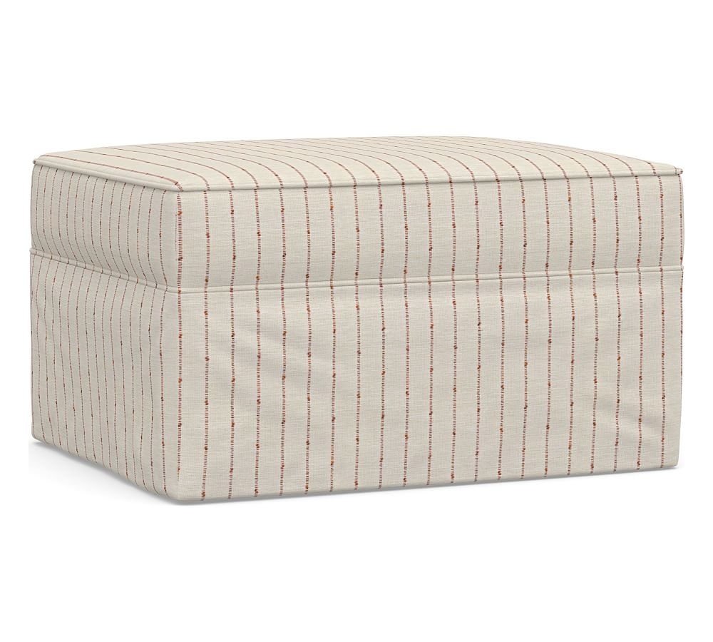 Pearce Slipcovered Ottoman, Polyester Wrapped Cushions, Slubby Pinstripe Red - Image 0