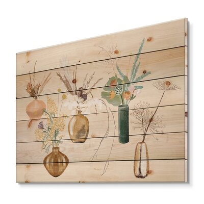Bouquets Of Wildflowers In Gold Vases III - Traditional Print On Natural Pine Wood - Image 0
