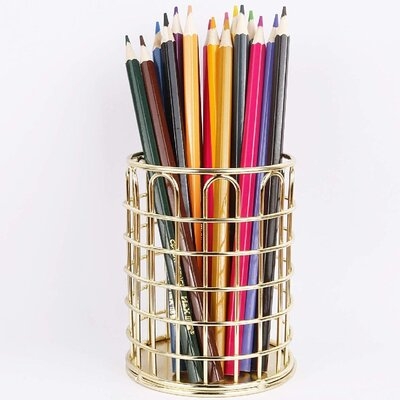 Pen Pencil Holder Makeup Brushes Metal Wire Holder Decorative Desk Storage Organizer Gold Desk Accessories 2Pack - Image 0