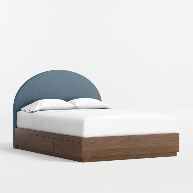 Emma Denim Blue Upholstered Kids Full Headboard with Deep Brown Wood Storage Base - Image 0