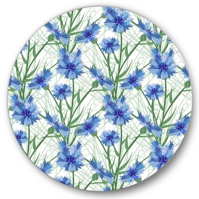 Blue Cornflowers With Green Leaves I - Traditional Metal Circle Wall Art - Image 0