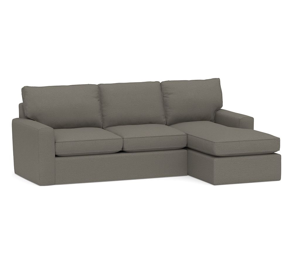 Pearce Square Arm Slipcovered Left Arm Loveseat with Chaise Sectional, Down Blend Wrapped Cushions, Chunky Basketweave Metal - Image 0