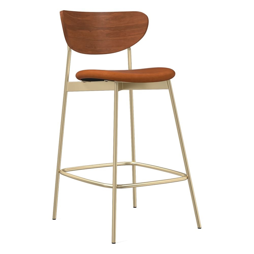 Modern Petal Wood Upholstered Counter Stool, Vegan Leather, Saddle, Light Bronze - Image 0