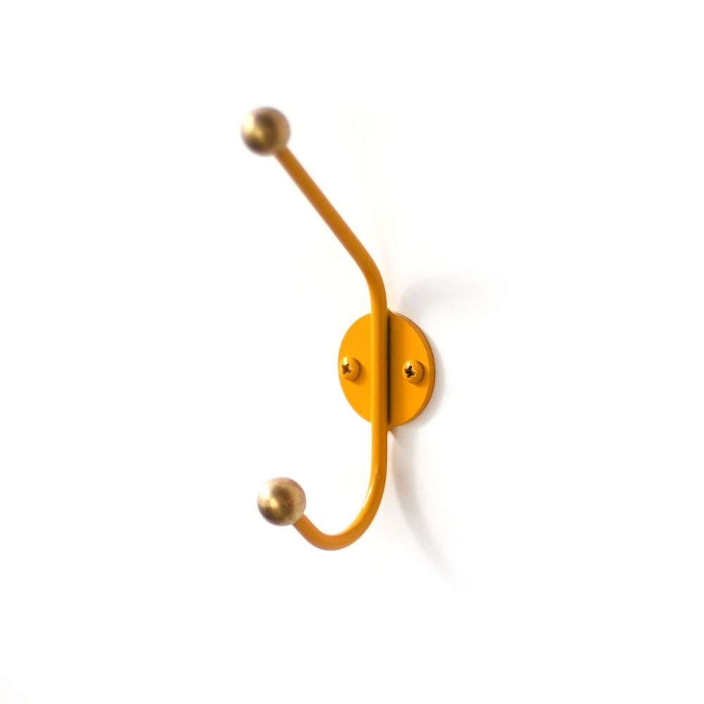 Mid Century Wall Hook, Brass Ball Ends, Yellow - Image 0