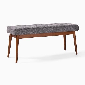 Midcentury Upholstered Bench, Poly, Distressed Velvet, Golden Oak, Acorn - Image 1