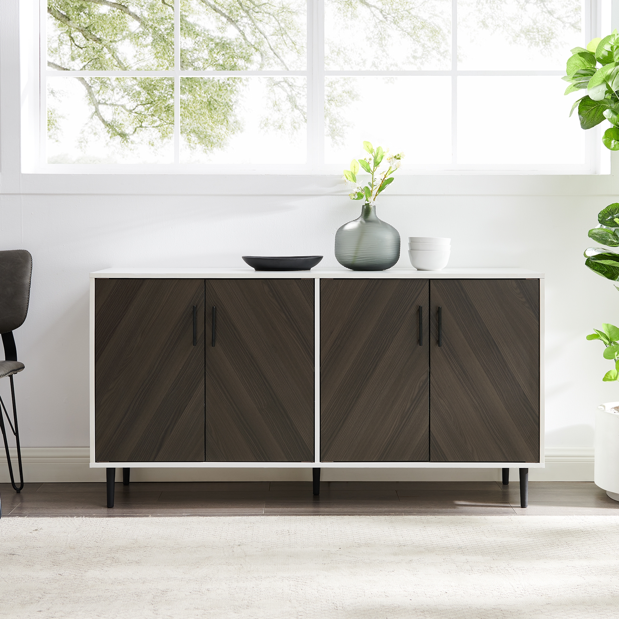 Hampton 58" Mid Century Modern Faux Bookmatch TV Stand - Ash Brown Bookmatch / Solid White - Image 5