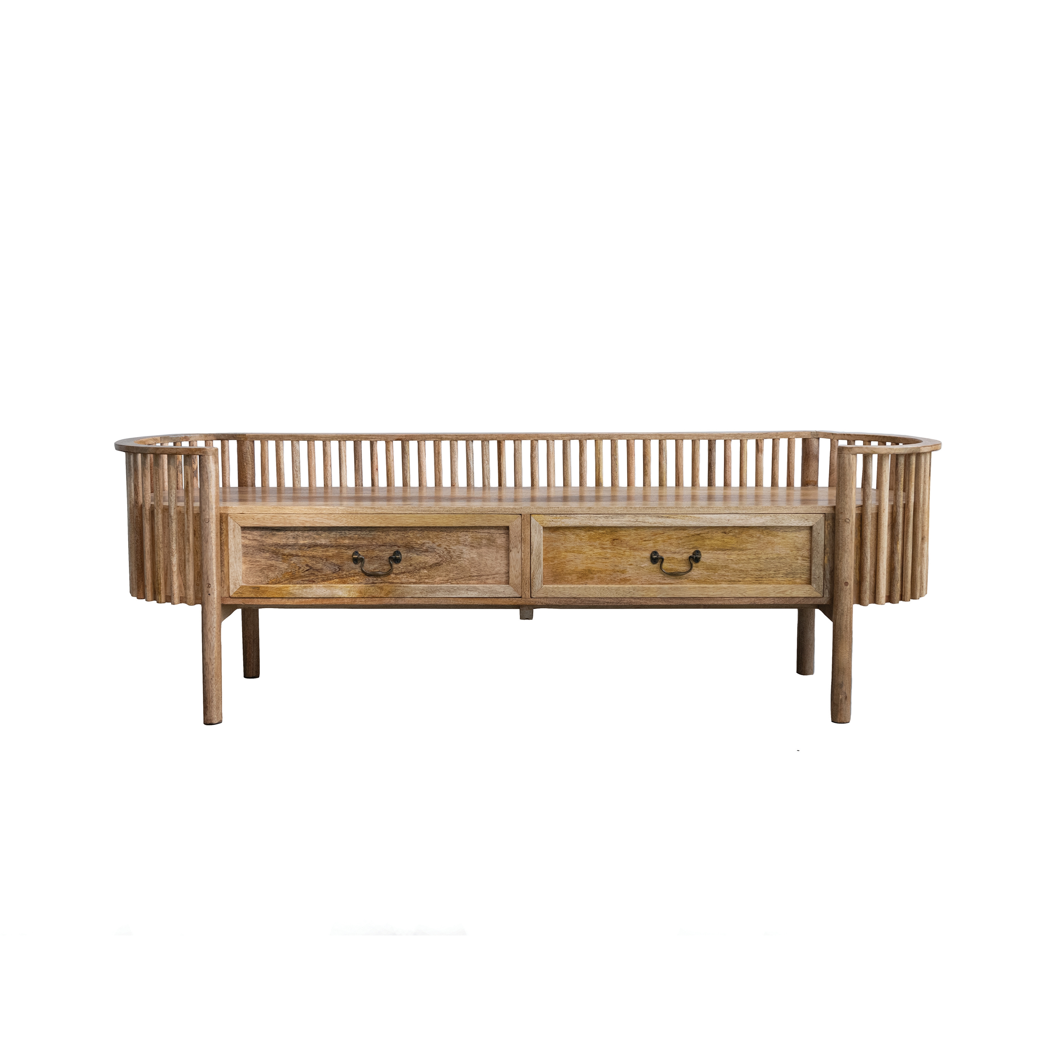 Mango Wood Slatted Bench with 2 Drawers and Metal Pulls