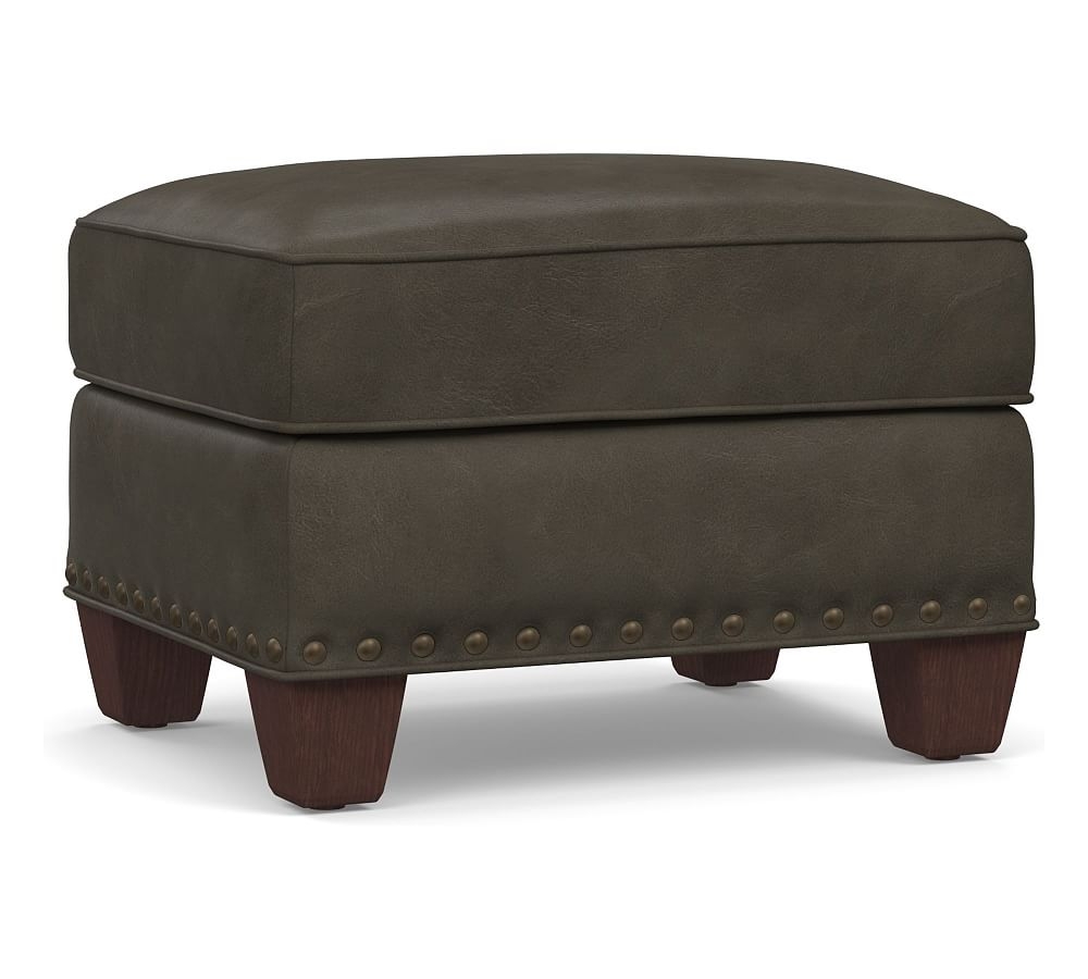 Irving Roll Arm Leather Storage Ottoman with Bronze Nailheads, Polyester Wrapped Cushions, Vegan Gray - Image 0