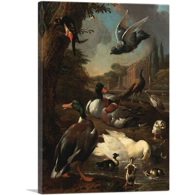 ARTCANVAS A Peacock, Pigeon, Ducks And Other Birds In A Garden Setting Canvas Art Print By Melchior D-Hondecoeter - Image 0