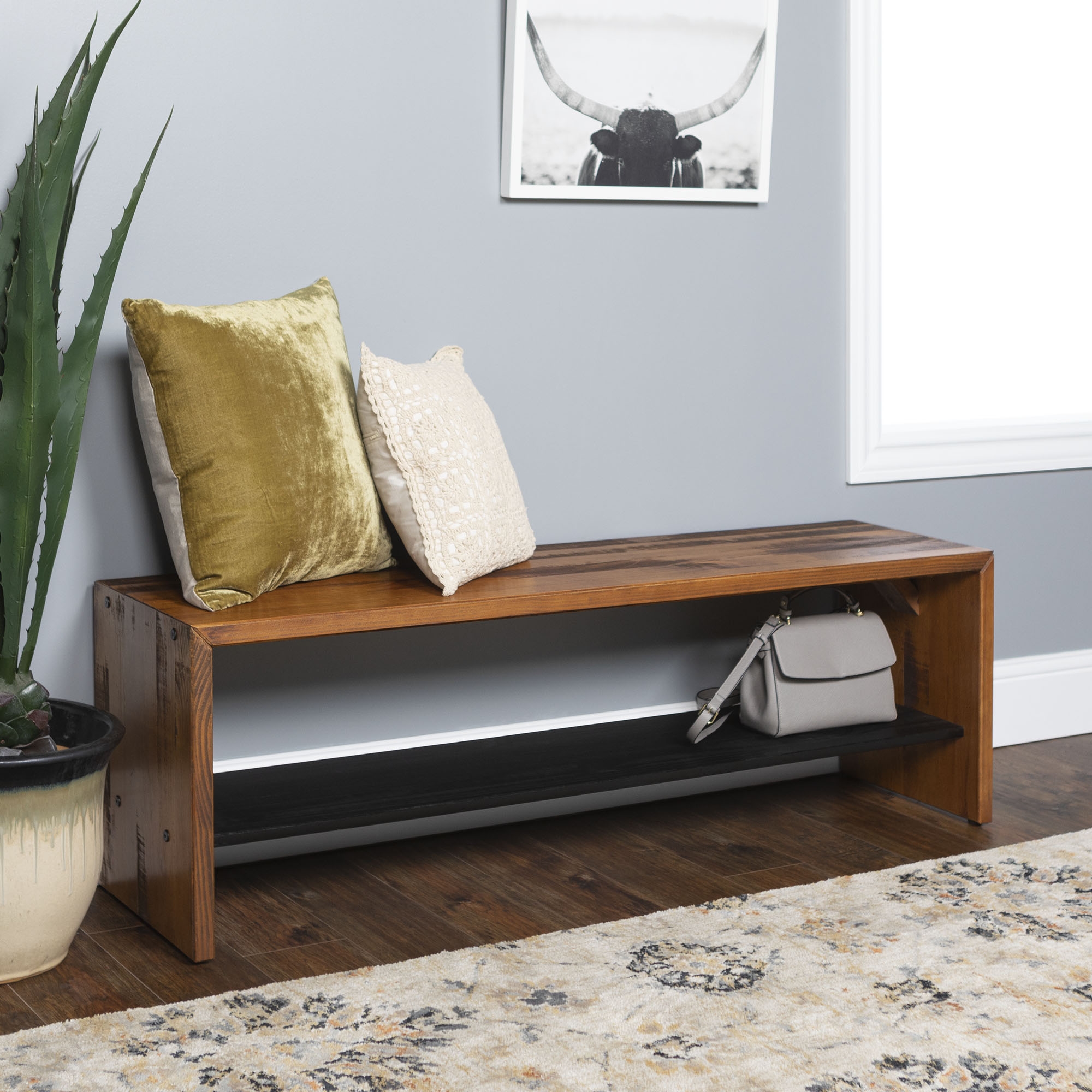 Alpine 58" Rustic Two-Tone Solid Wood Entry Bench - Amber - Image 4