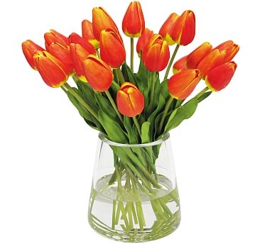 Faux Orange Tulip Composed Arrangement, Round Glass Vase - 12'' - Image 0