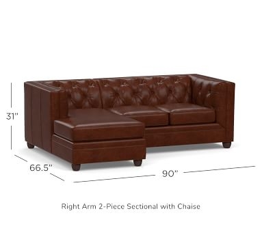 Chesterfield Square Arm Leather Left Arm 2-Piece Sectional With Chaise, Polyester Wrapped Cushions, Churchfield Camel - Image 2