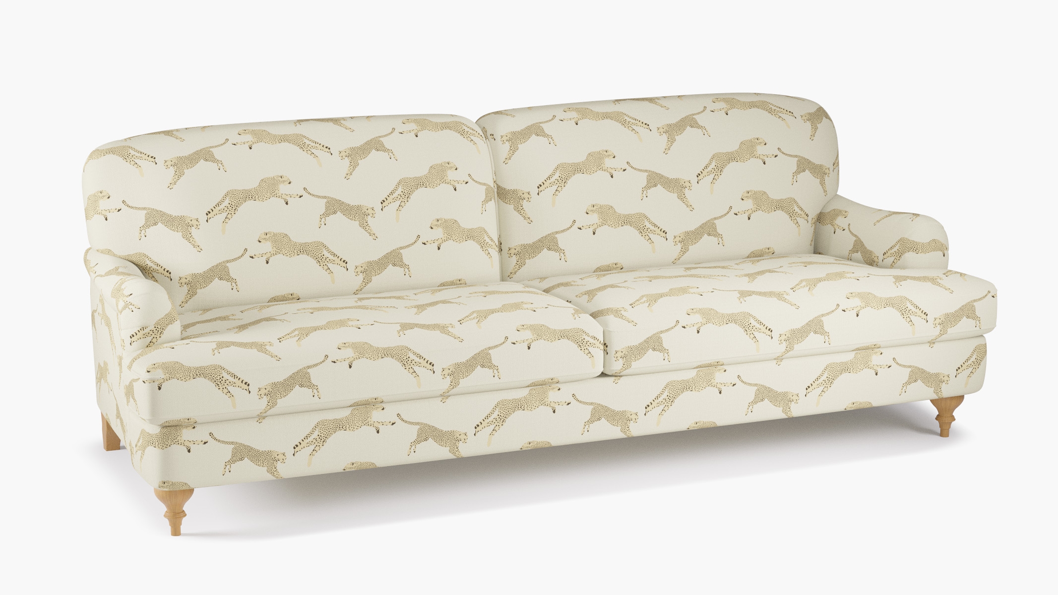 English Roll Arm Sofa, Desert Cheetah, Natural Turned Wood Leg - Image 1