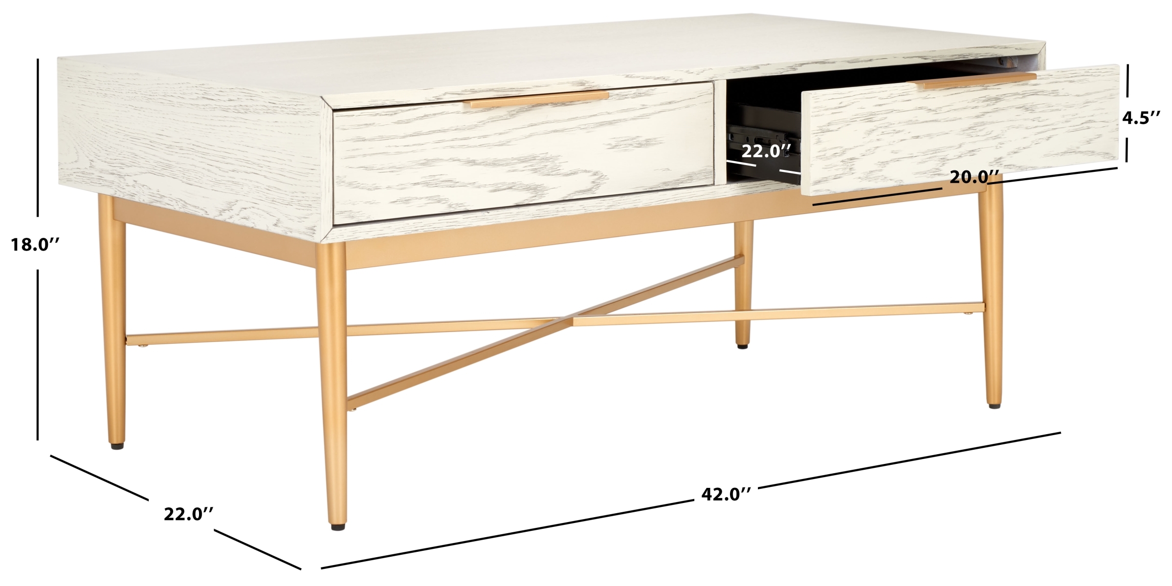Pierre 2 Drawer Coffee Table - White Washed / Gold - Safavieh - Image 9