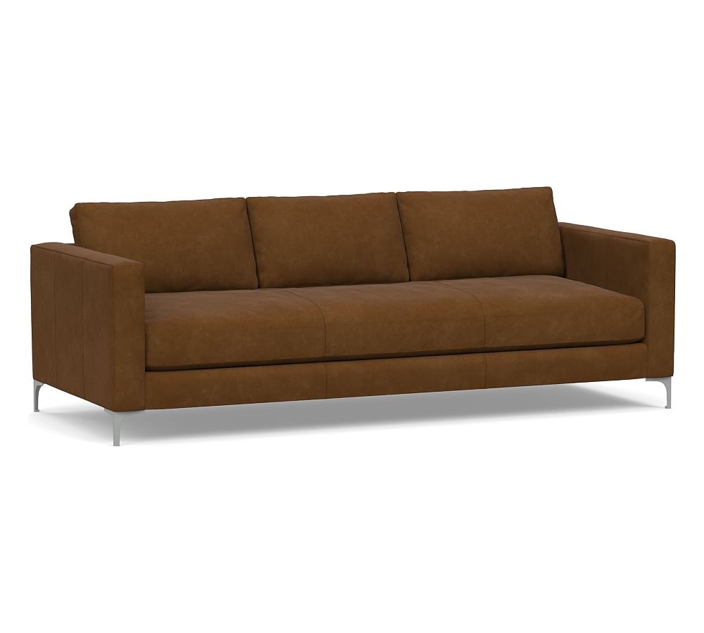 Jake Leather Grand Sofa 95.5" with Brushed Nickel Legs, Down Blend Wrapped Cushions, Aviator Umber - Image 0