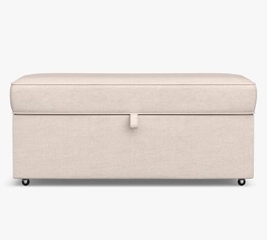 PB Comfort Upholstered Storage Ottoman with Pull Out Table, Box Edge, Polyester Wrapped Cushions, Performance Heathered Basketweave Platinum - Image 3