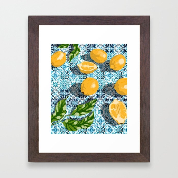 Juicy Lemons On Blue Moroccan Tiles Framed Art Print by 83 Oranges By Uma Gokhale - Conservation Walnut - X-Small 8" x 10"-10x12 - Image 0