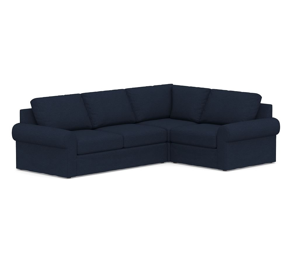 Big Sur Roll Arm Slipcovered Left Arm 3-Piece Corner Sectional, Down Blend Wrapped Cushions, Performance Heathered Basketweave Navy - Image 0