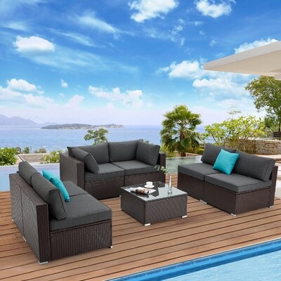 Large Patio Furniture 7 Piece Set, All Weather Pe Rattan Outdoor Sectional With Grey Non-Slip Cushions And Waterproof Cover, Clips, Brown Wicker - Image 0