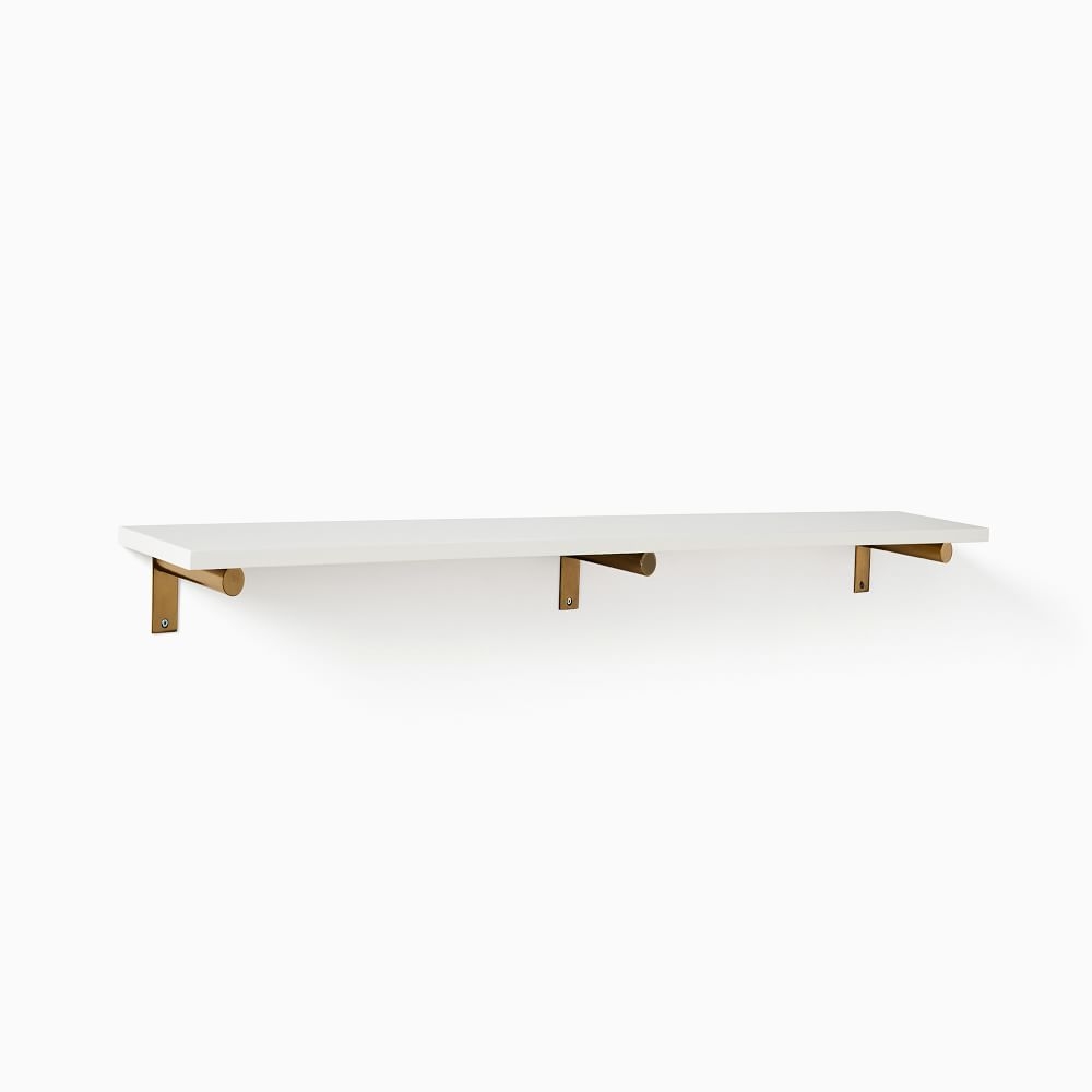 Linear White Lacquer Shelf 4FT, Jordan Brackets in Antique Brass - Image 0