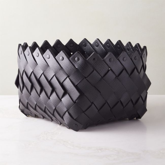 Willa Woven Black Leather Storage Basket Small - Image 0