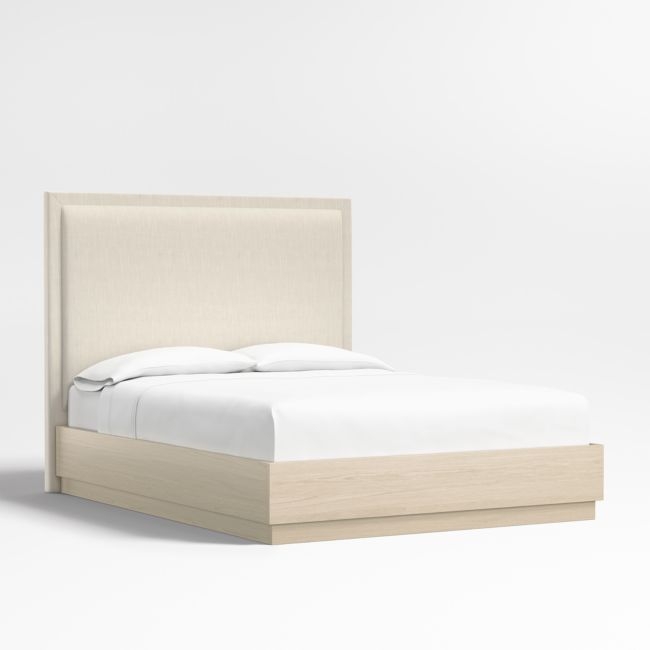 Meraux 56" Ivory Upholstered Queen Headboard with Batten White Oak Bed Base - Image 0