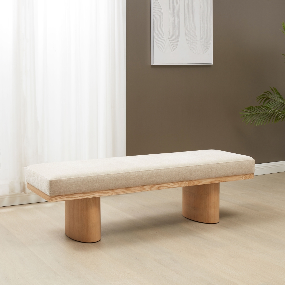 Maribelle Linen & Wood Bench - Beige/Natural - Image 1