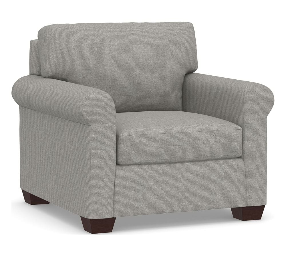 York Roll Arm Upholstered Armchair, Down Blend Wrapped Cushions, Performance Heathered Basketweave Platinum - Image 0